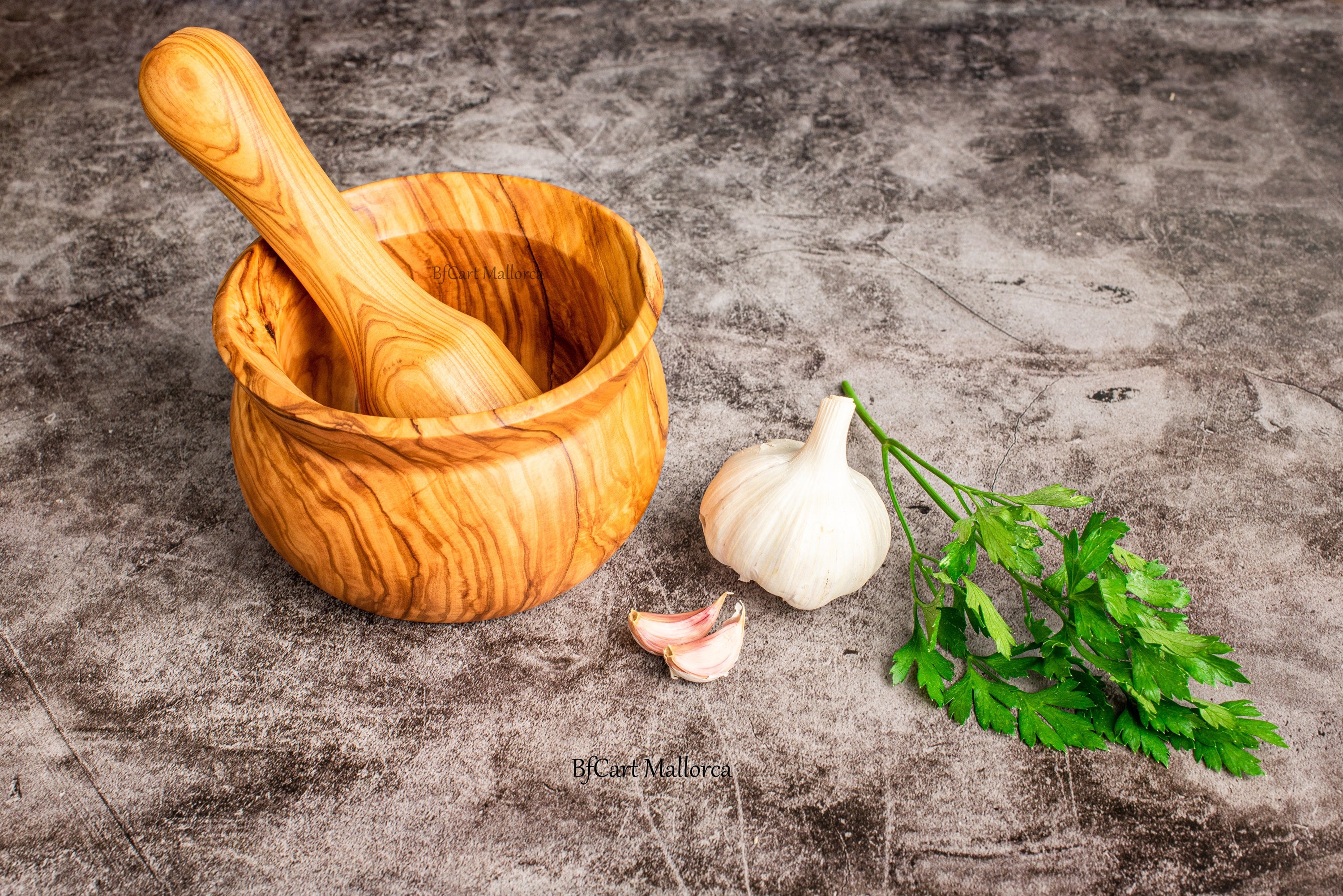 Olive Wood Mortar and Pestle Set - Handmade Wooden Herb and Spice Grinder -  Rustic Large