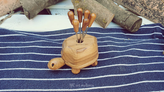 Olive Wood Turtle Toothpick Holder with Metal Skewers
