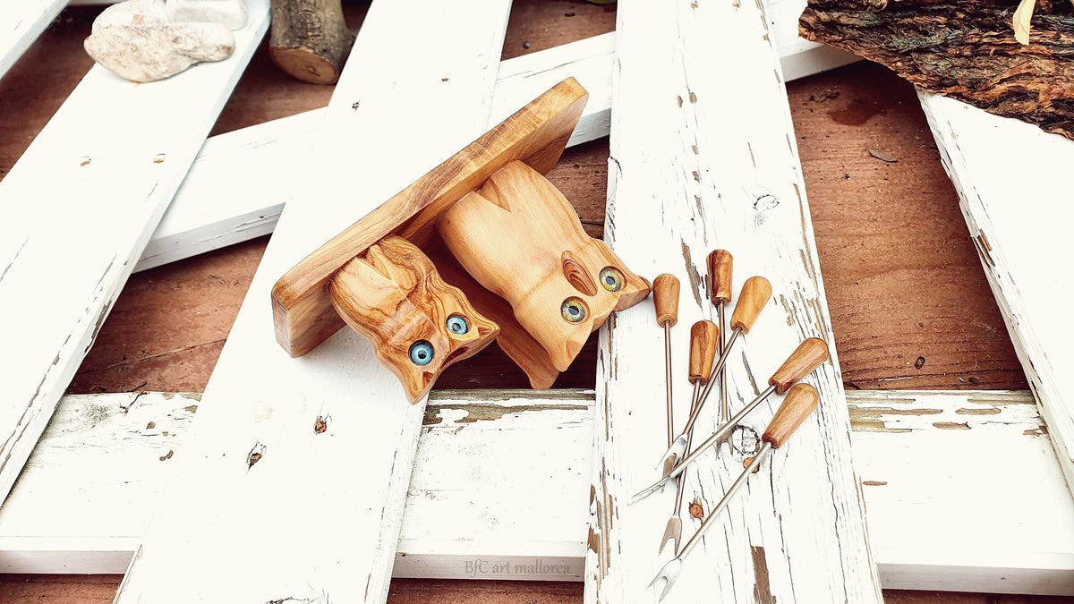 Handmade Olive Wood Owl Napkin Holder & Skewer Set