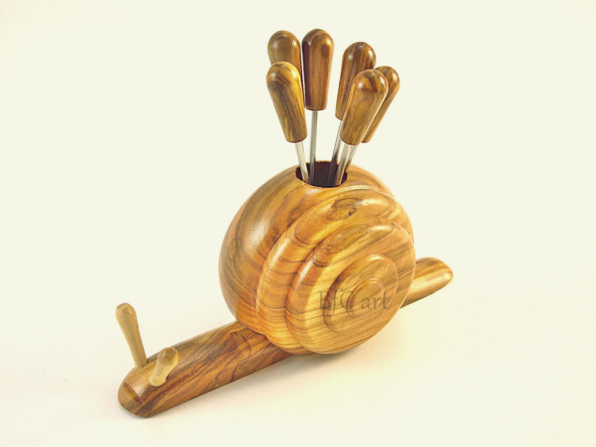 Olive Wood Snail Skewer Set, Appetizer Picks, Snack Utensil