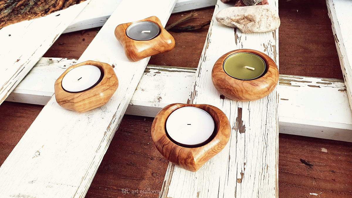 Olive Wood Tealight Candle Holder Set, Handmade Centerpiece
