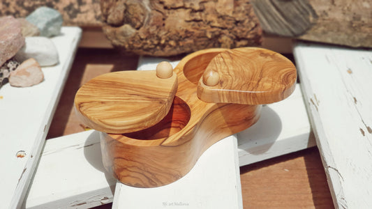 Olive Wood Double Salt Cellar, Sliding Lid Salt Container