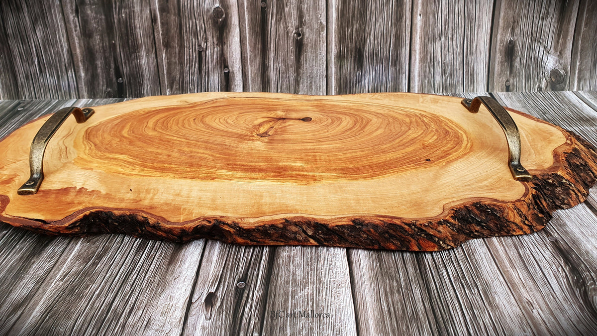 Rustic Olive Wood Charcuterie Board with Metal Handles