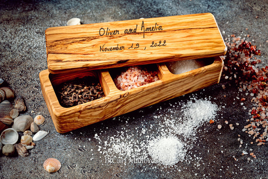 3-Compartment Olive Wood Salt Box with Lid - Unique Handmade Design from BFC Art Mallorca, Ideal for Kitchen Storage & Table Use