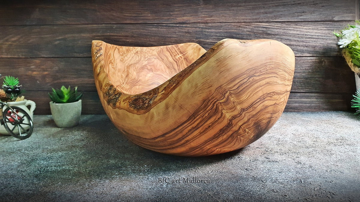 Rustic Olive Wood Salad Bowl, Handmade Live Edge Fruit Bowl