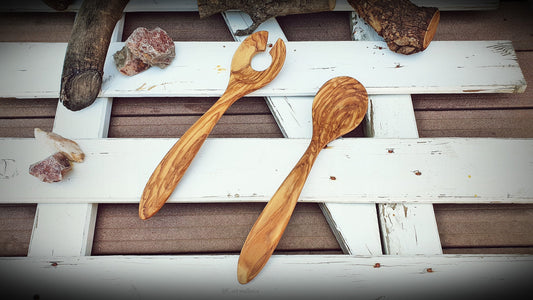 Handmade Olive Wood Salad Servers: Curved Spoon & Fork Set
