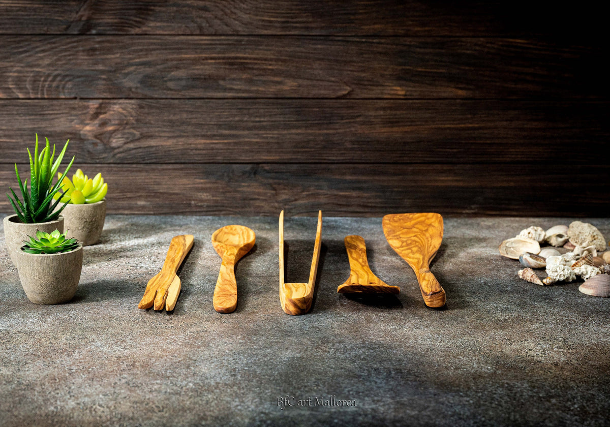 Handmade Olive Wood Utensil Set: 5-Piece Rustic Kitchen Spoons & Tongs