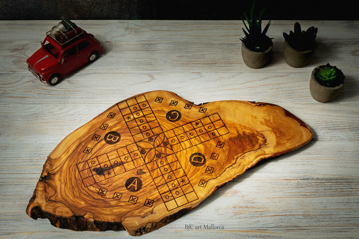 Ludo and Parcheesi strategy Board Game in Olive Wood, Family Board Game, game for kids, Ludo Game Handmade Author Design