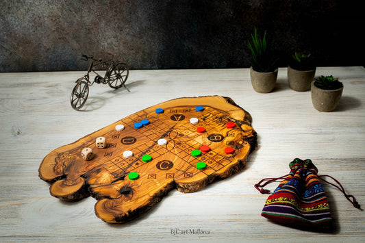 Ludo and Parcheesi strategy Board Game in Olive Wood, Family Board Game, game for kids, Ludo Game Handmade Author Design