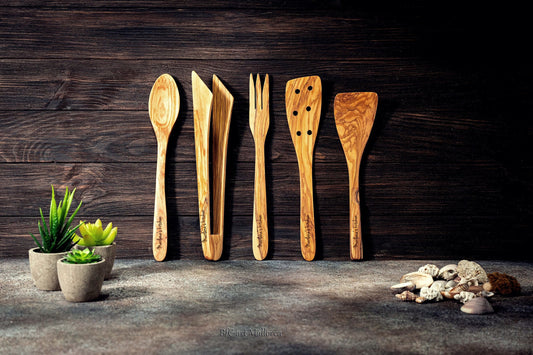 Personalized Spoons set for Cooking in Olive Wood Ecological for Kitchen, Handmade set 5 pieces for Cooking , kitchen utensils wooden