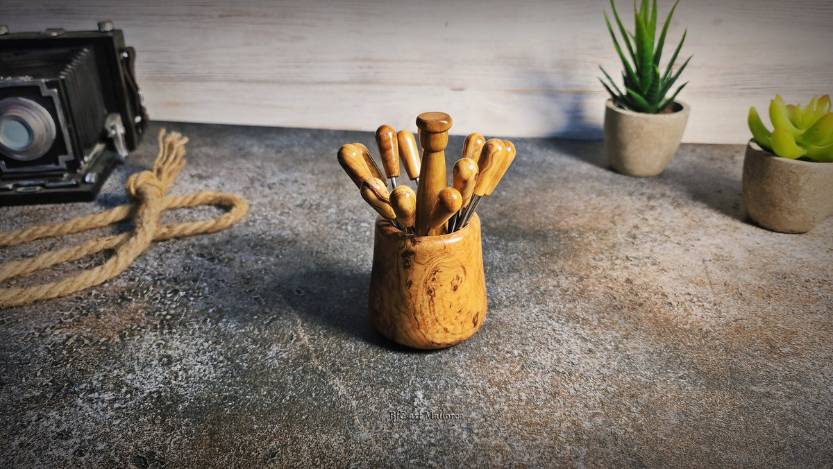 Olive Wood Skewer Holder with Mini Cocktail Skewers with 12 skewers, Wedding Appetizers