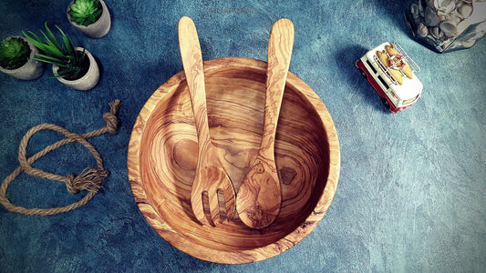 Handcrafted Large Olive Wood Fruit Bowl with Matching Wooden Spoon and Fork, Hand Turned Wooden Salad Bowl, Unique Serving Bowl Set Kitchen