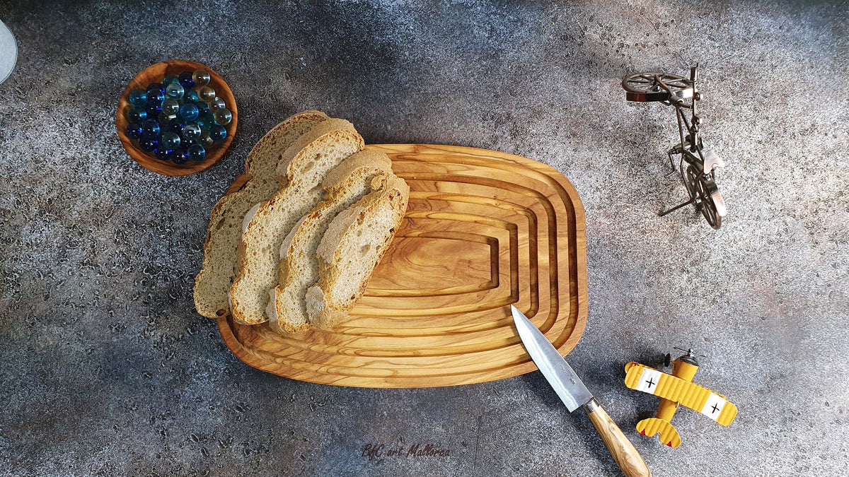 Olive Wood Bread Board with Crumb Tray | Handcrafted Artisan Cutting Board