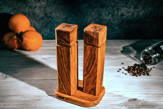 Handmade Olive Wood Salt and Pepper Mill Set with Matching Base