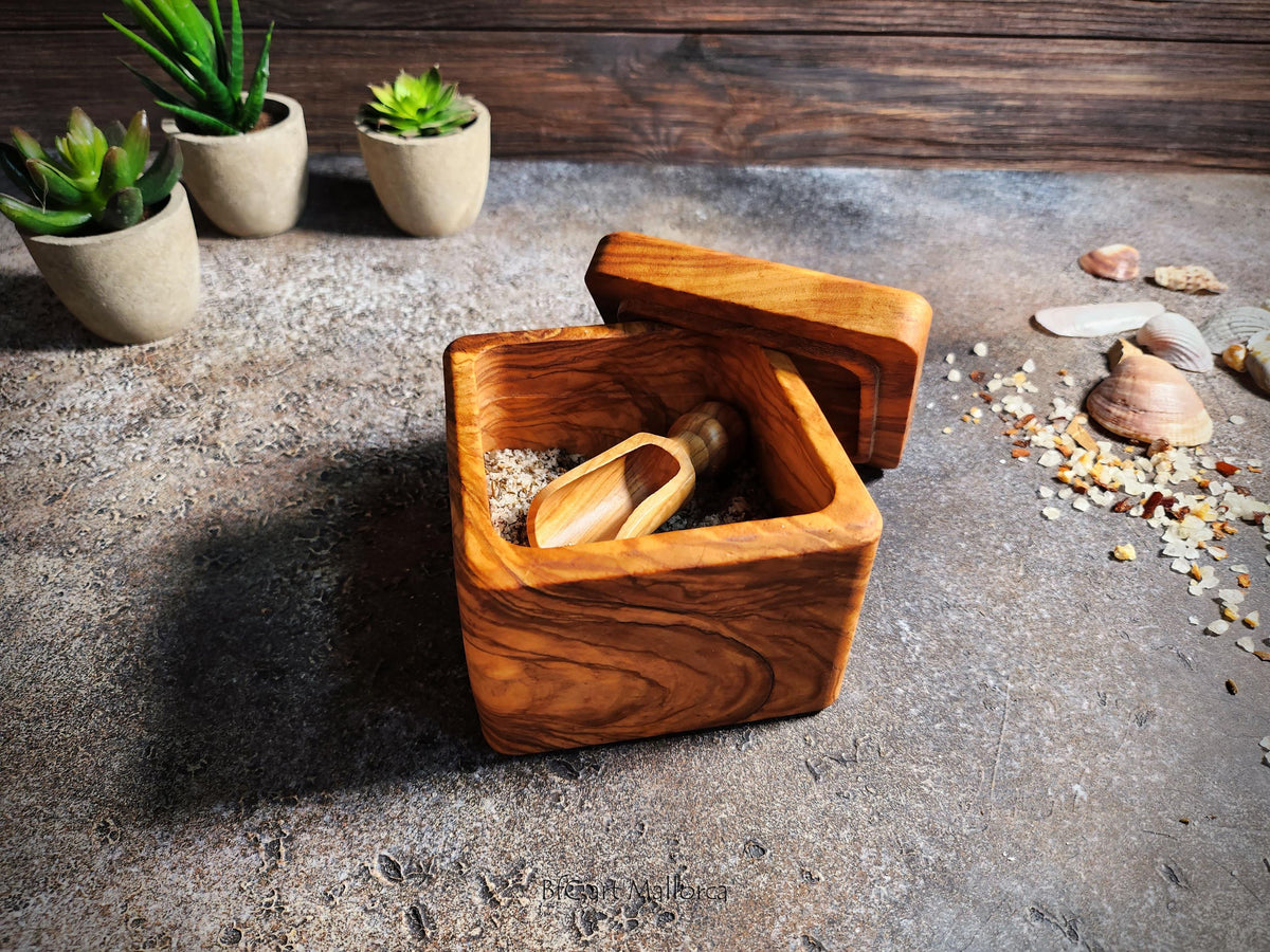 Personalized Handcrafted Olive Wood Salt Cellar with Lid & Spoon – Unique Kitchen Gift