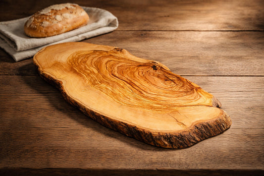 Rustic Olive Wood Cutting Board: Large Kitchen Board with Natural Bark Edge