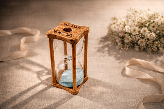 Engraved Olive Wood Hourglass, Wedding Memory Gift for Bride and Groom, Rustic Keepsake Decor, Personalized Gift