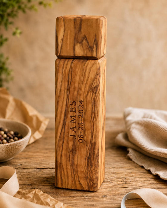 Personalized Olive Wood Pepper Mill, Engraved Salt or Spice Grinder, Rustic Kitchen Gift for Him, Handmade Cooking Gift