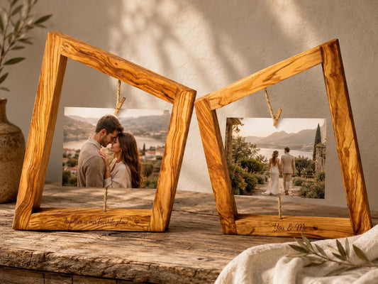 Personalized Olive Wood Photo Frames Set of 2, Rustic Wedding Gift, Anniversary Gift for Couple, Handmade Memory Frames