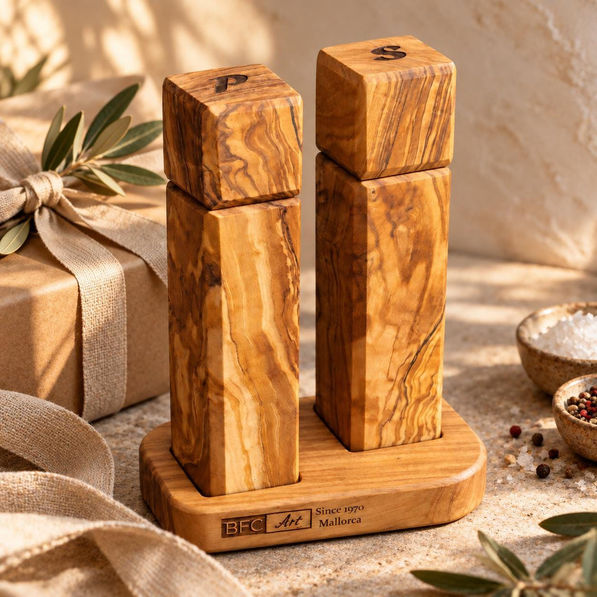 Olive Wood Salt and Pepper Grinder Set with Stand, Handmade Square Mills, Kitchen Gift