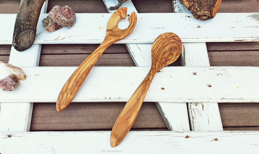 Wooden Salad Servers Spoons, Salad Spoons Set, Olive Wood Spoons, Set Handmade Cutlery, Wooden Fork and Spoons, Gift Spoon, Salad Servers
