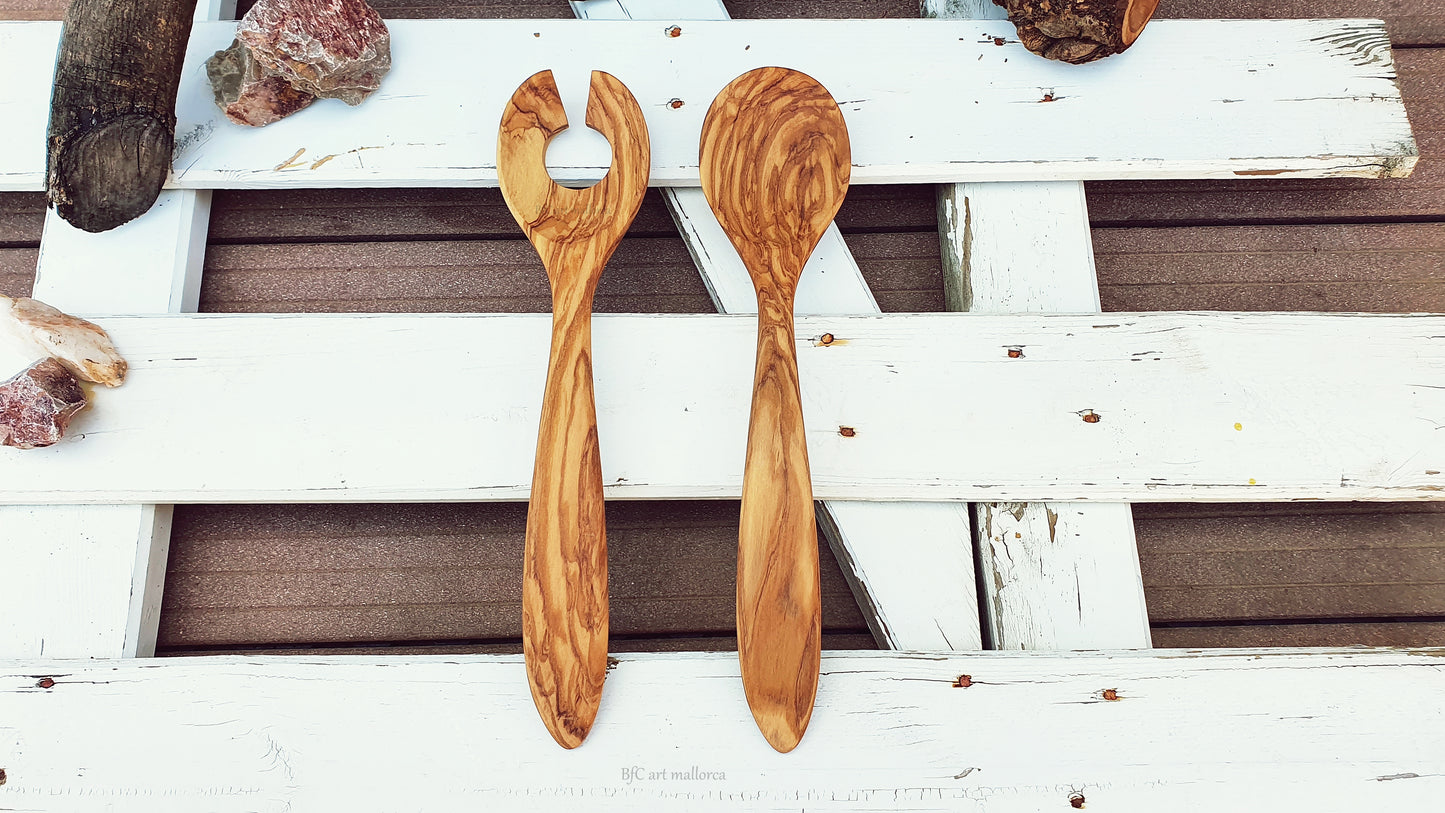 Wooden Salad Servers Spoons, Salad Spoons Set, Olive Wood Spoons, Set Handmade Cutlery, Wooden Fork and Spoons, Gift Spoon, Salad Servers