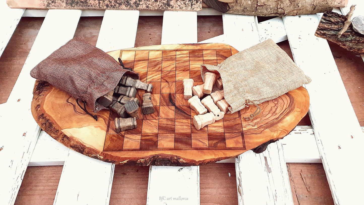Custom Chess Board Unique of Olive Wood Rustic Chess Set, Medieval style chess Set Live edge for Father's Day Gift, Set Christmas Gift