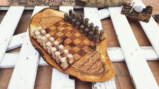 Custom Chess Board Unique of Olive Wood Rustic Chess Set, Medieval style chess Set Live edge for Father's Day Gift, Set Christmas Gift