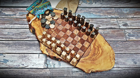 Customizable rustic chess board with chess set and checkers pieces, Handmade from olive wood.