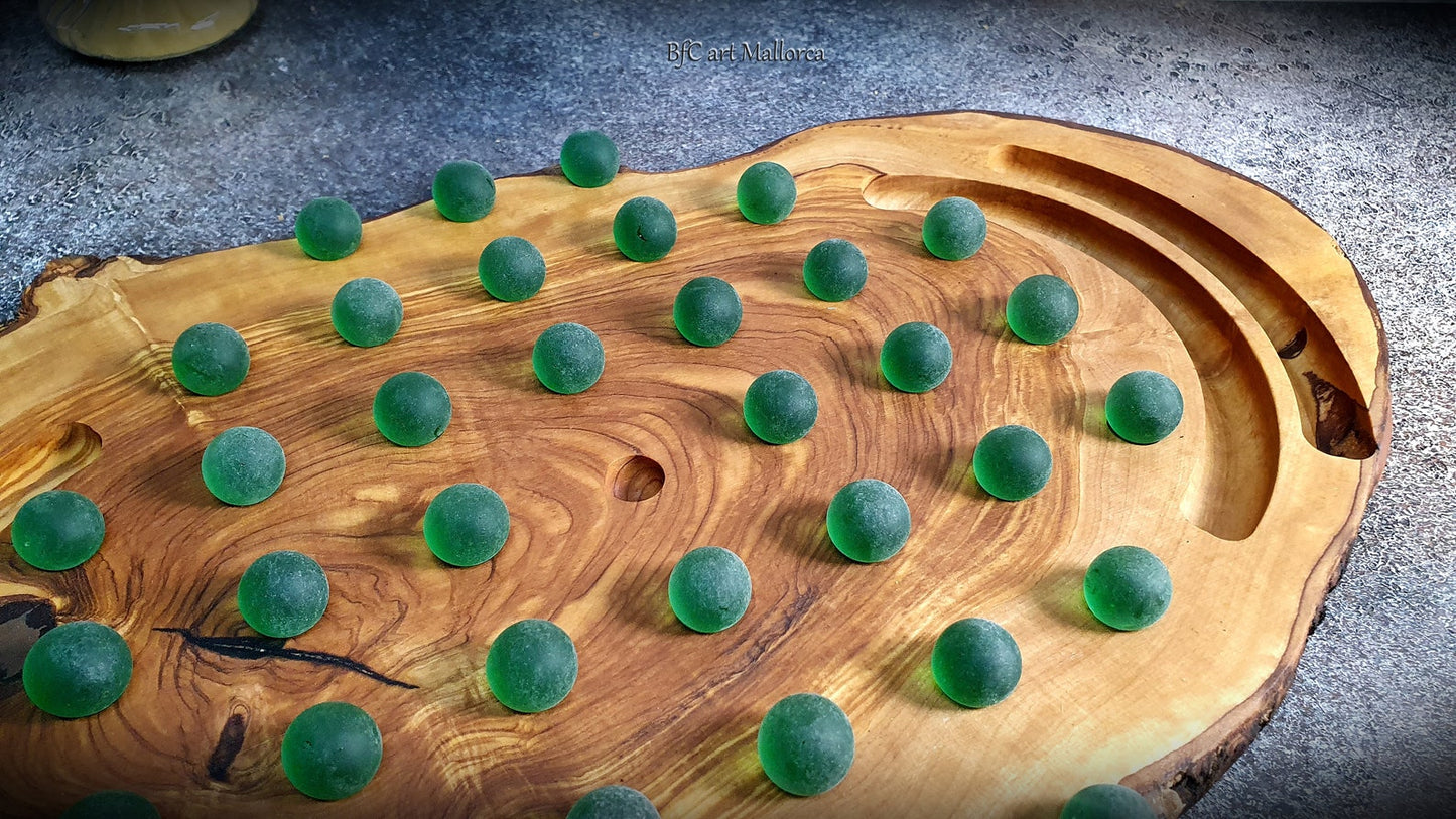 Solitaire Game Board Rustic Olive Wood with Unique and Natural Organic Shapes, Solitaire Game with 36 crystal balls, Classic Solitaire Game