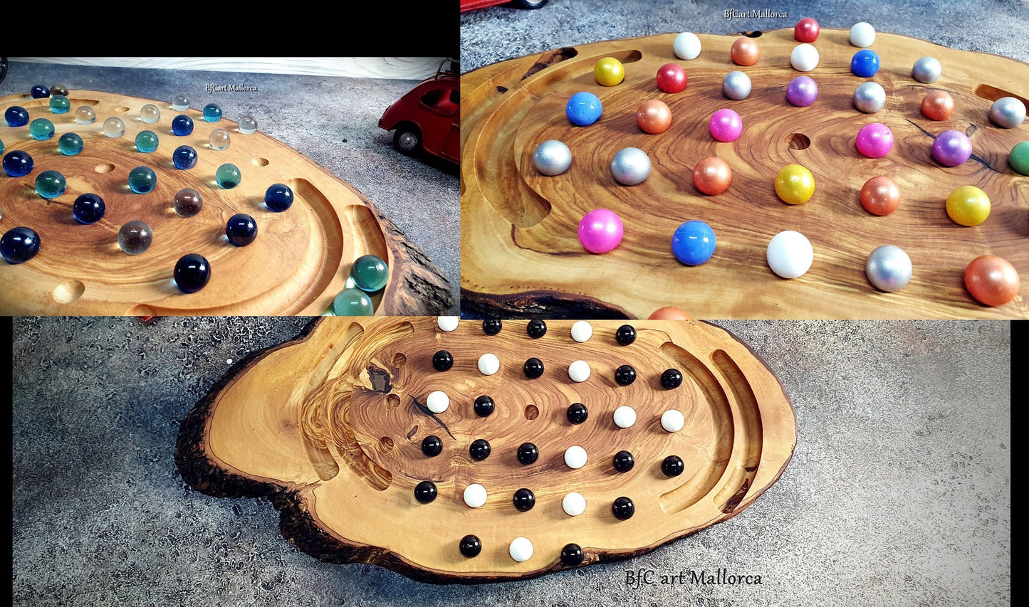 Solitaire Game Board Rustic Olive Wood with Unique and Natural Organic Shapes, Solitaire Game with 36 crystal balls, Classic Solitaire Game