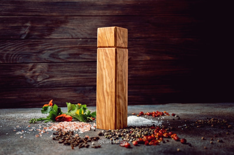 Pepper Mill Olive Wood, Pepper Mill Grinder, Square Pepper Shaker