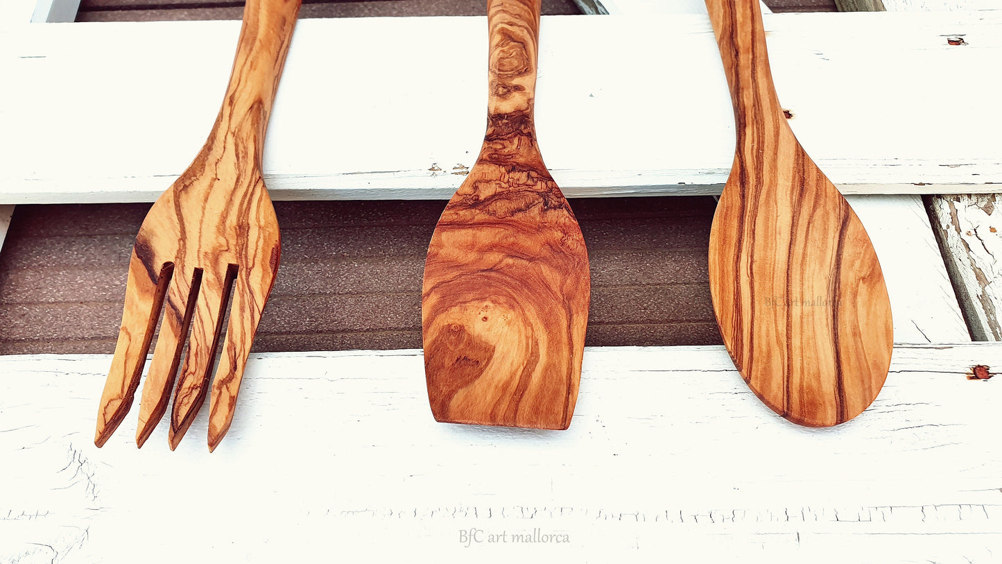 Spoons set kitchen Olive wood 3 Pieces, Spoon Cooking Sustainable Wooden Spoons Fork Set, Handcrafted Cutlery Reusable, Handmade Cutlery