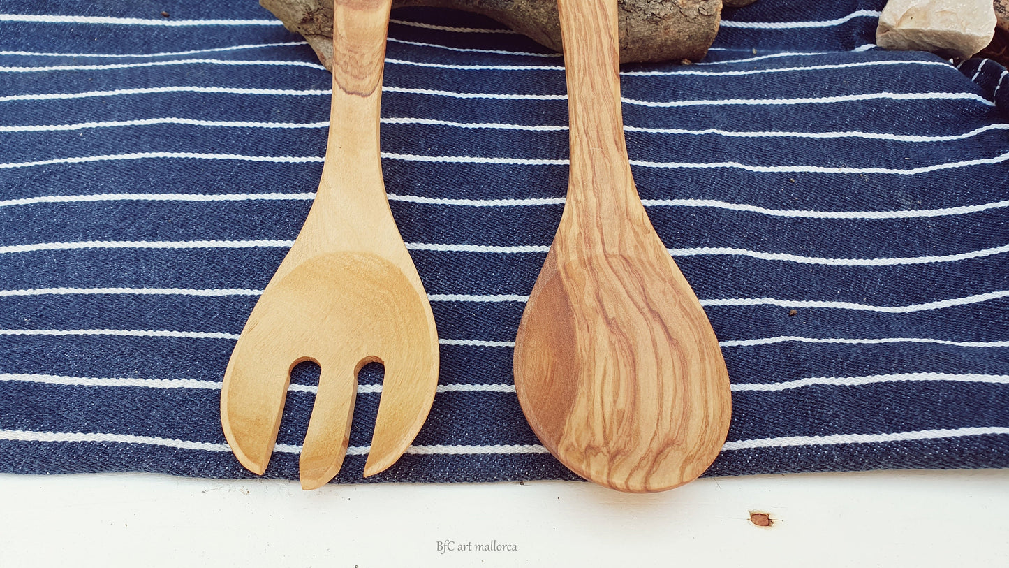 Wooden Spoon and Fork, Salad Spoon, Ecological Cutlery, Spoon and Fork, Rustic Olive Wood Spoon and Fork, Craft Cutlery, Curved Craft Spoon