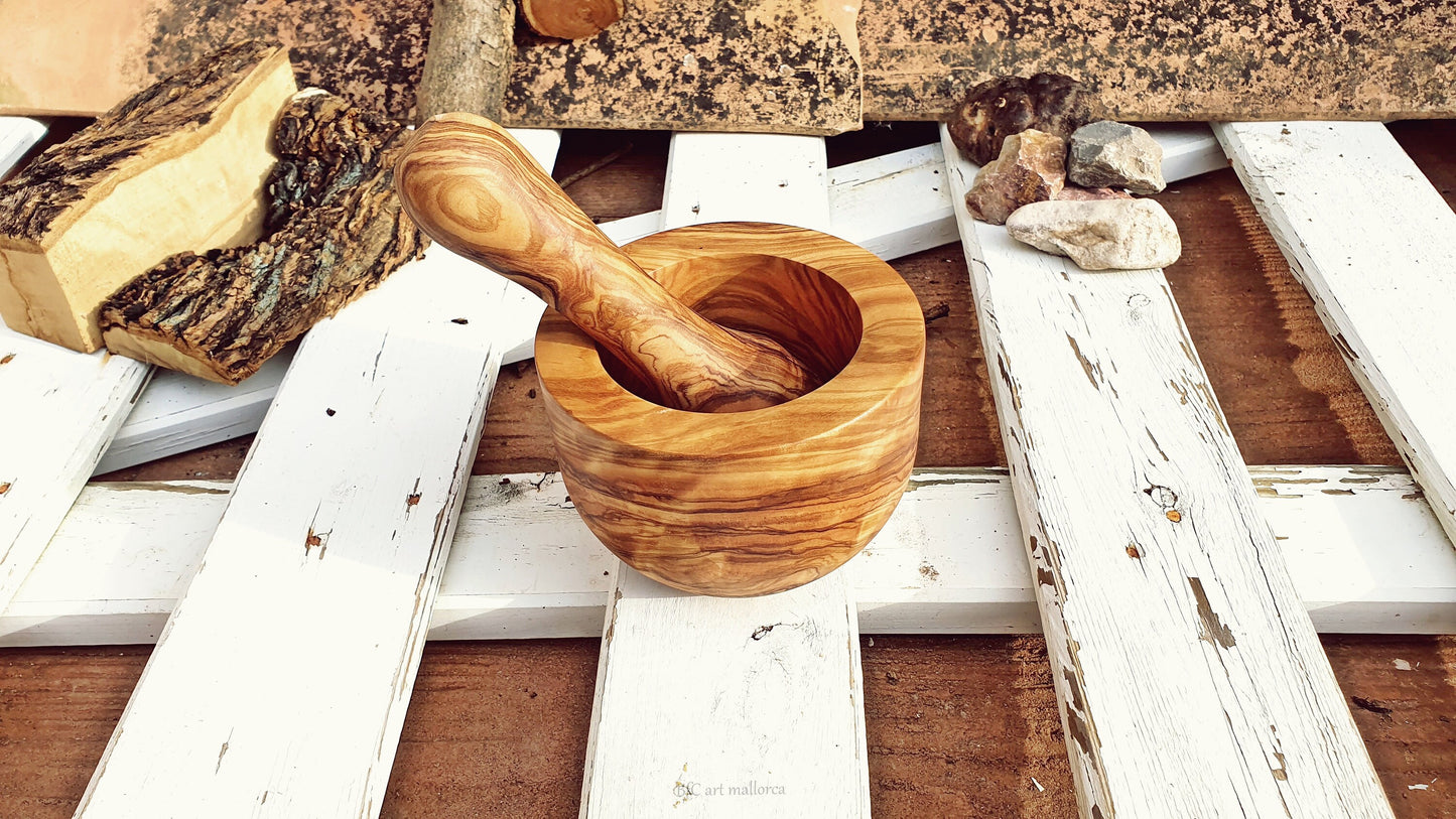 Wooden mortar, Rustic Mortar and Pestle, Handmade Mortar, Mortar and Pestle in olive wood , Craft Mortar, Smooth Modern Shape