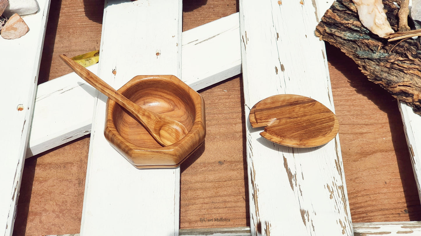 Wooden Sugar Bowl, Vintage Sugar Bowl, Salt Shaker With Spoon, Salt Container, Sugar Pot, Olive Wood Salt Keeper, Wooden Spice Keeper Box