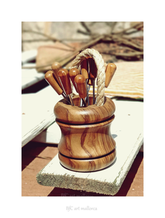 Toothpick Water Well, Metal Toothpick Container, Metal Spike Holder 12 Metal Spikes, Toothpick Pit Olive Wood, Water Well Wood