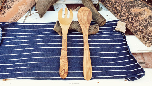 Wooden Spoon and Fork, Salad Spoon, Ecological Cutlery, Spoon and Fork, Rustic Olive Wood Spoon and Fork, Craft Cutlery, Curved Craft Spoon