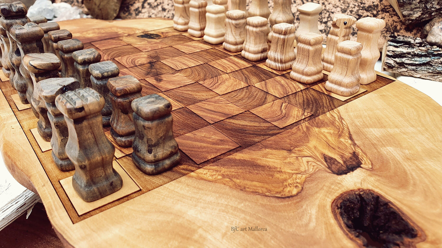 Large Olive Wood Chess Board, Rustic Chess Board Set, The Queens Gambit Chess, Unique handcrafted chess Vintage, Christmas Gift father