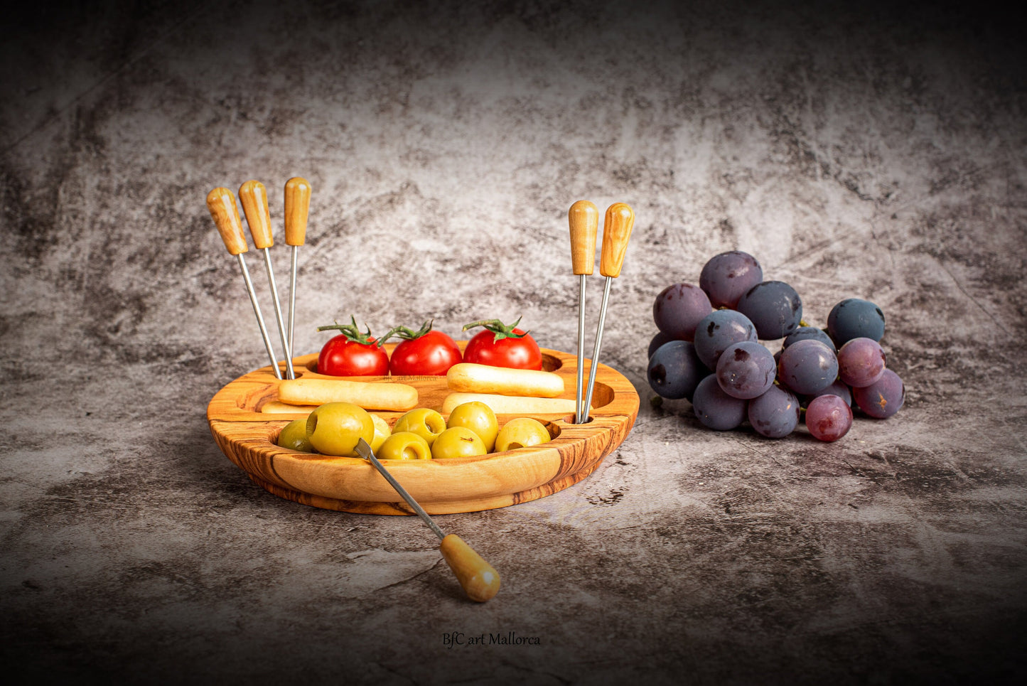 Plate Olive Wood Appetizers 3 departments, Plate With Skewers For Olives and Pipes, Sauce Plate, Seasoning Plate, Olive Wood Plate, Fruit