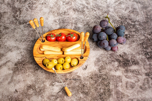 Plate Olive Wood Appetizers 3 departments, Plate With Skewers For Olives and Pipes, Sauce Plate, Seasoning Plate, Olive Wood Plate, Fruit