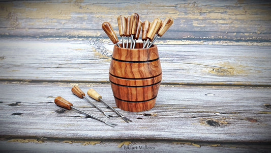 Olive Wood Barrel For Picks, Barrel With Skewers, Set Table Appetizers Skewers, Table Skewer Holders, Wine Barrel Appetizers Tables Weddings
