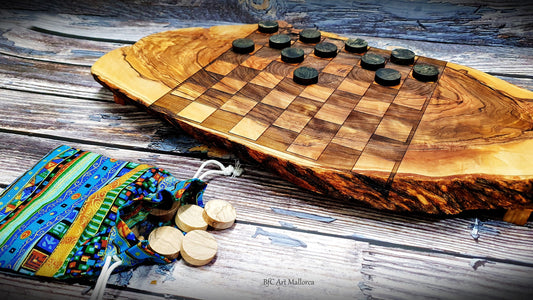 Olive Wood Checkerboard Live edge, Checker Board Game Unique, Original Wooden Checker, Checkered Game for Home Gift and Family