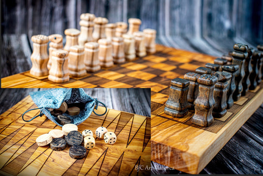 Chess Board Set and Checkers, Chess Board Handmade Olive Wood and Backgammon Set Customizable