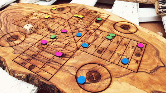 Custom Ludo Rustic Olive Wood Board, Olive Wood Parcheesi of Author Design