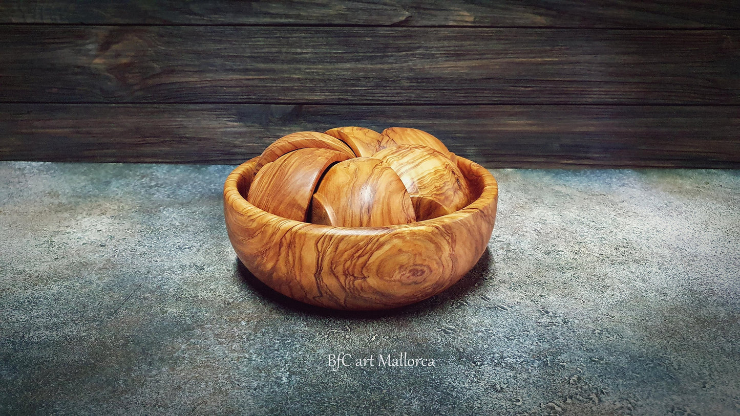 Set of 6 Bowls and 1 Olive Wood Salad Bowl for Individual Services, Set of Small Wooden Bowls and Salad Bowl, Sustainable Wooden Craft Bowl