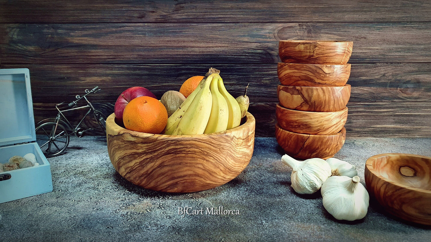 Bowls and 6 Individual Olive Wood Bowls, Set Dinnerware, Mixing bowl and main large bowl, Main bowl and 6 serving bowl Appetizers and Sauces