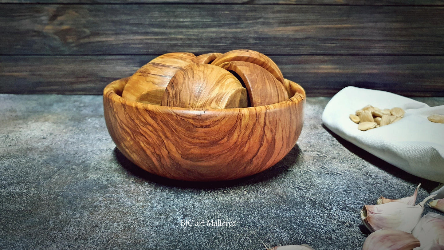 Set of 6 Bowls and 1 Olive Wood Salad Bowl for Individual Services, Set of Small Wooden Bowls and Salad Bowl, Sustainable Wooden Craft Bowl