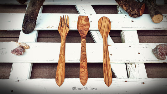 Spoons set kitchen Olive wood 3 Pieces, Spoon Cooking Sustainable Wooden Spoons Fork Set, Handcrafted Cutlery Reusable, Handmade Cutlery