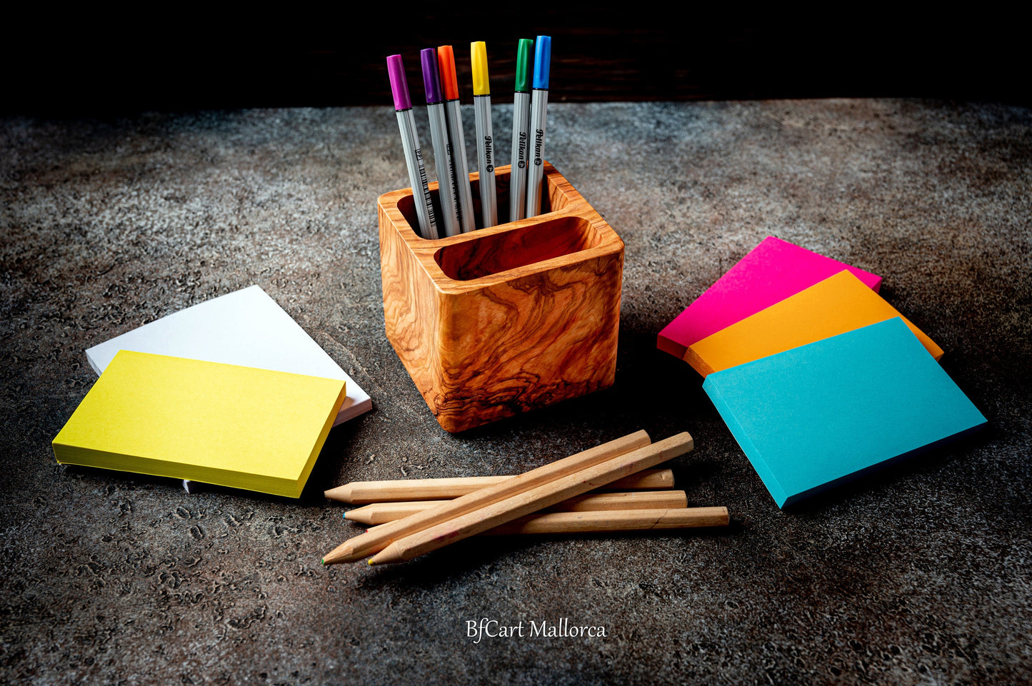 Olive wood Square Pencil Holder, Office and Desk Pencil Holder, Wooden Pen Holder, Office Accessories for Desk, Wooden Desk Pencil Organizer